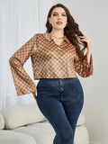 Plus Size Checkered Johnny Collar Flare Sleeve Shirt - Trendsi - Flyclothing LLC
