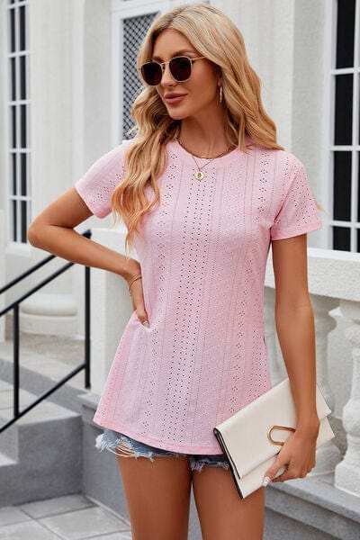 Eyelet Slit Round Neck Short Sleeve T-Shirt - Trendsi - Flyclothing LLC