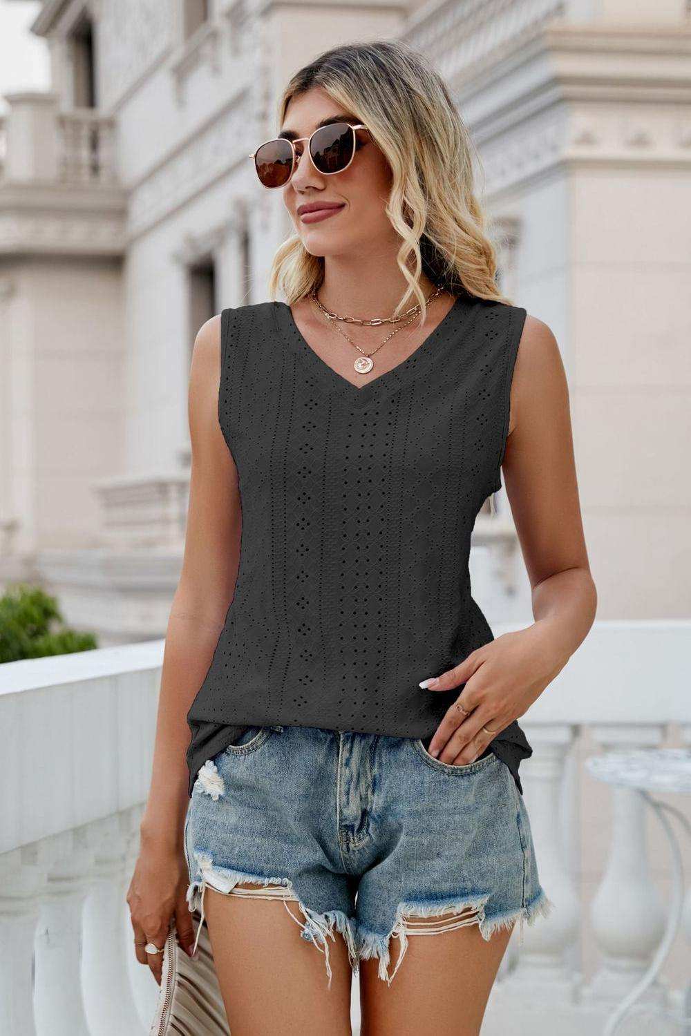 Eyelet V-Neck Tank - Trendsi - Flyclothing LLC