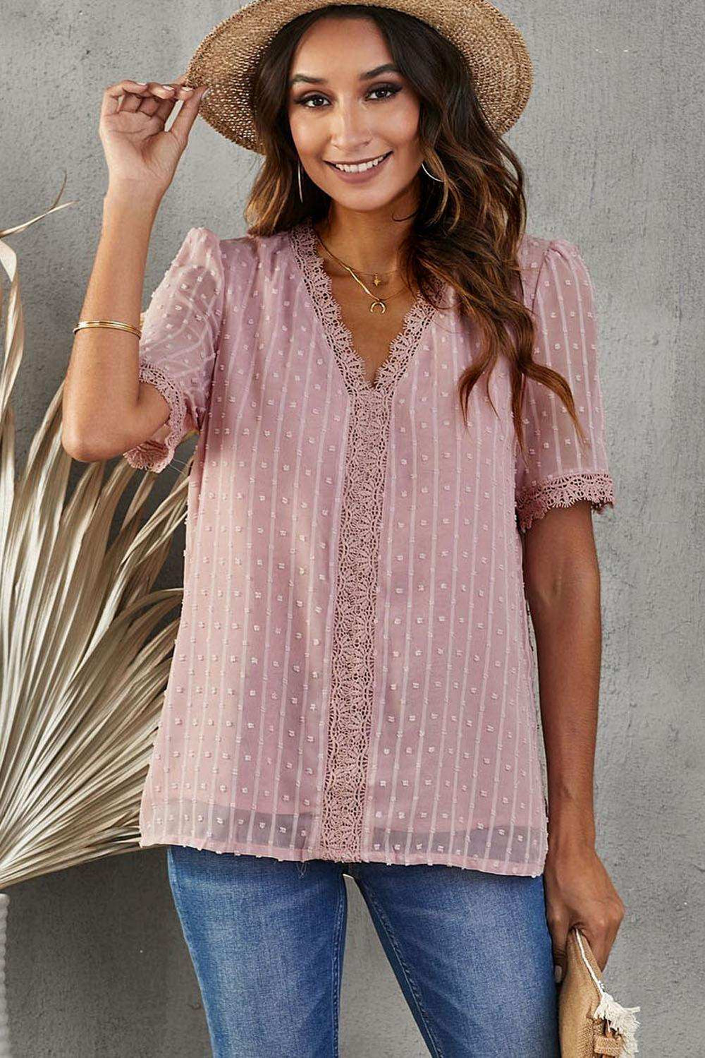 Swiss Dot Lace Trim Plunge Blouse - Trendsi - Flyclothing LLC