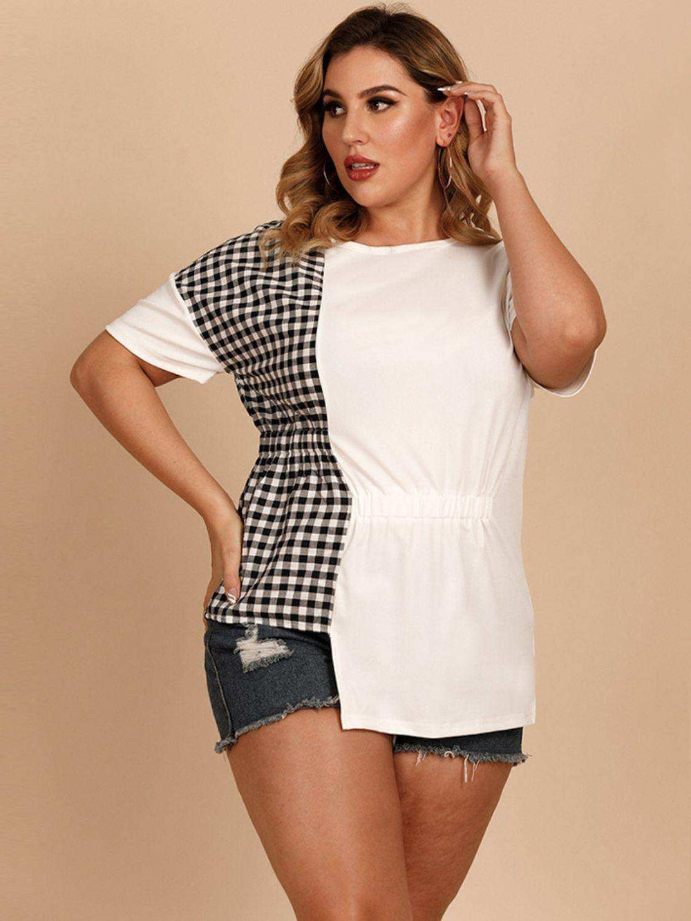 Plus Size Gingham Color Block Asymmetrical T-Shirt - Trendsi - Flyclothing LLC