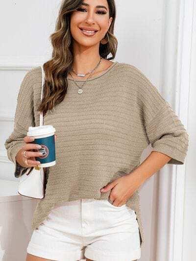 Rolled Round Neck Dropped Shoulder Slit Sweater - Trendsi - Flyclothing LLC