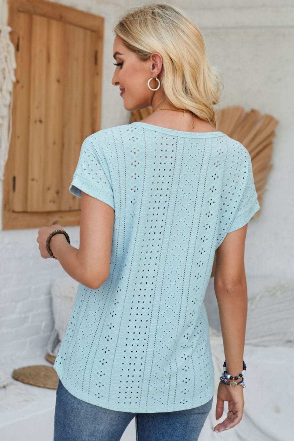 Eyelet Round Neck Rolled Short Sleeve T-Shirt - Trendsi - Flyclothing LLC