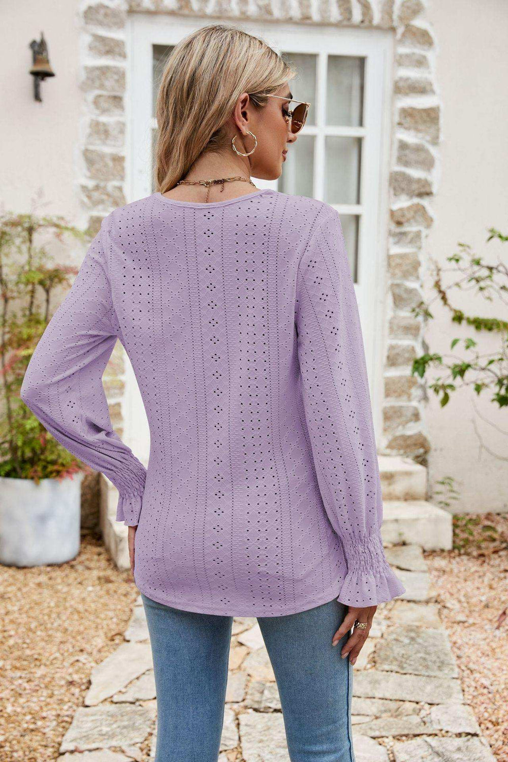 Eyelet Flounce Sleeve V-Neck Blouse - Trendsi - Flyclothing LLC