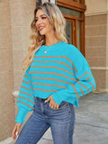 Round Neck Striped Lantern Sleeve Sweater - Trendsi - Flyclothing LLC