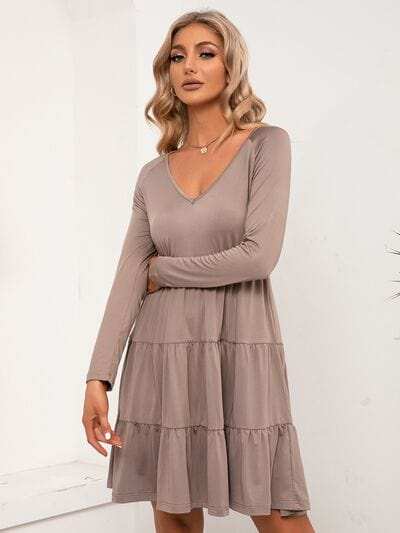V-Neck Long Sleeve Tiered Dress - Trendsi - Flyclothing LLC