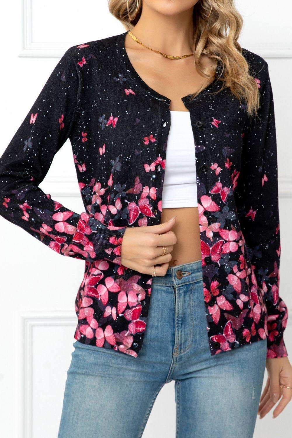 Floral Button Front Round Neck Cardigan - Trendsi - Flyclothing LLC