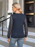 Waffle-Knit Round Neck Long Sleeve Blouse - Trendsi - Flyclothing LLC