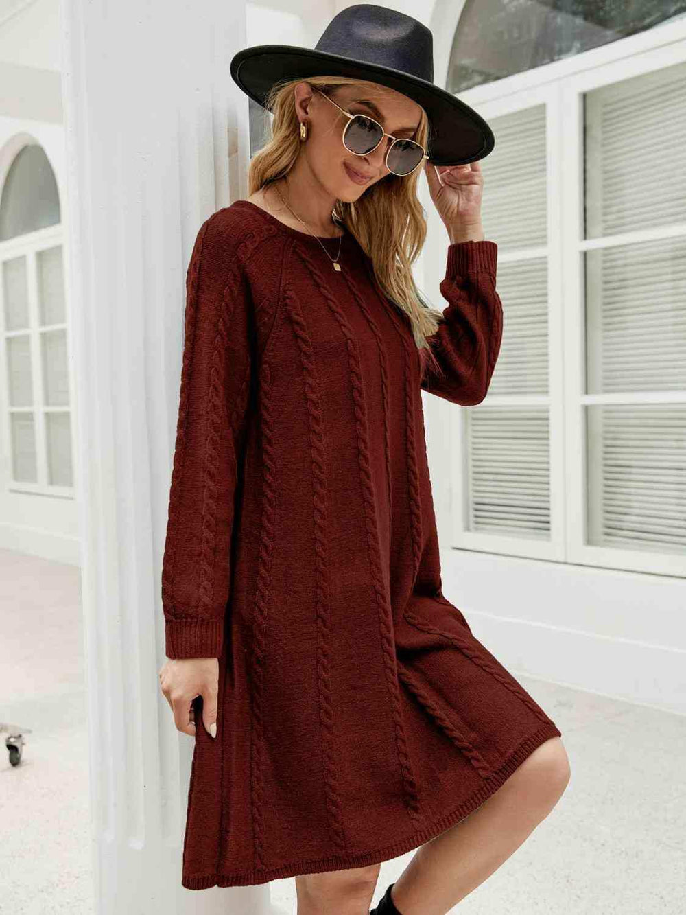 Cable-Knit Long Sleeve Sweater Dress - Trendsi - Flyclothing LLC