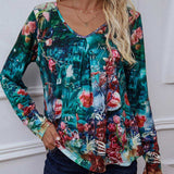 Printed V-Neck Long Sleeve Blouse - Trendsi - Flyclothing LLC