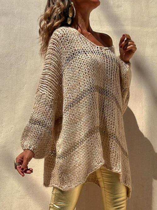 Openwork V-Neck Long Sleeve Sweater - Trendsi - Flyclothing LLC