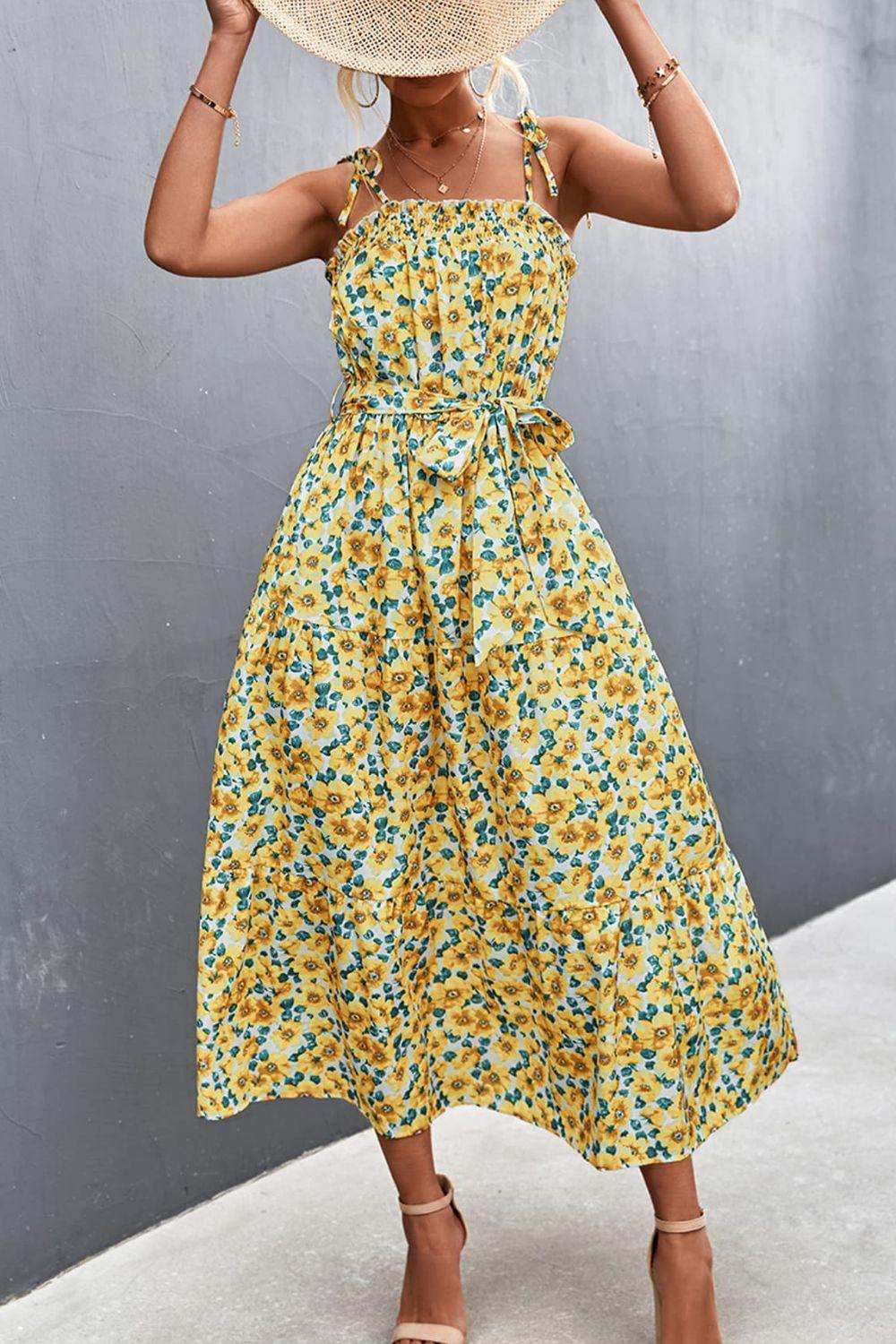 Floral Tie-Shoulder Belted Dress - Trendsi - Flyclothing LLC