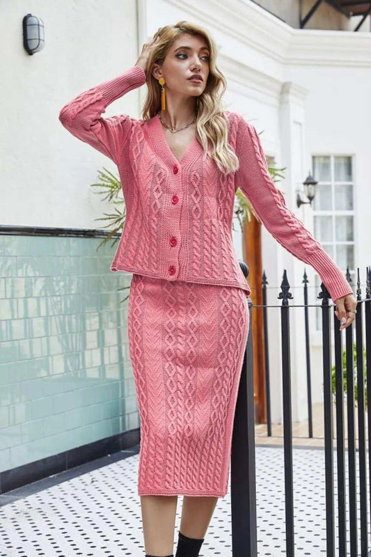 Mixed Knit V-Neck Cardigan and Knit Skirt Set - Trendsi - Flyclothing LLC