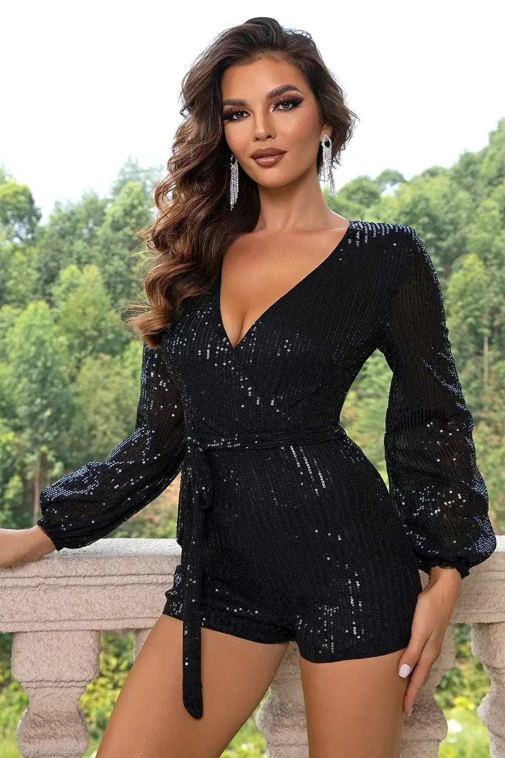 Sequin Tie Waist Long Sleeve Romper - Trendsi - Flyclothing LLC