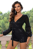 Sequin Tie Waist Long Sleeve Romper - Trendsi - Flyclothing LLC