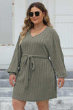 Plus Size Ribbed Tie Front Long Sleeve Sweater Dress - Trendsi - Flyclothing LLC