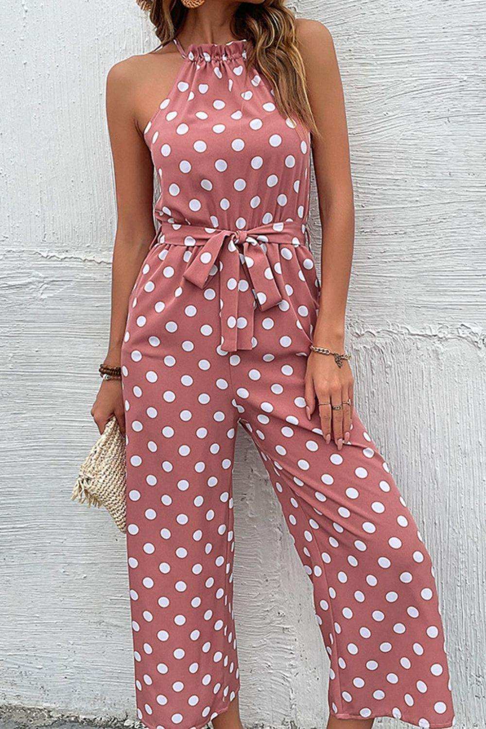 Polka Dot Grecian Wide Leg Jumpsuit - Trendsi - Flyclothing LLC