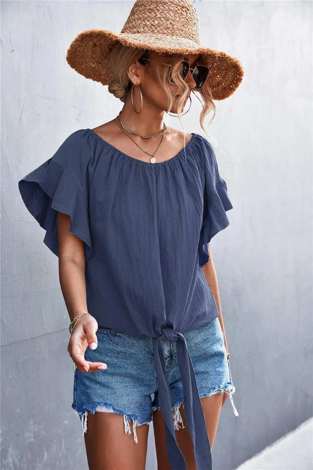 Flutter Sleeve Tie-Front Blouse - Trendsi - Flyclothing LLC