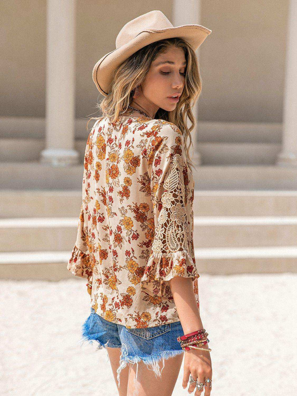 Floral V-Neck Spliced Lace Blouse - Trendsi - Flyclothing LLC