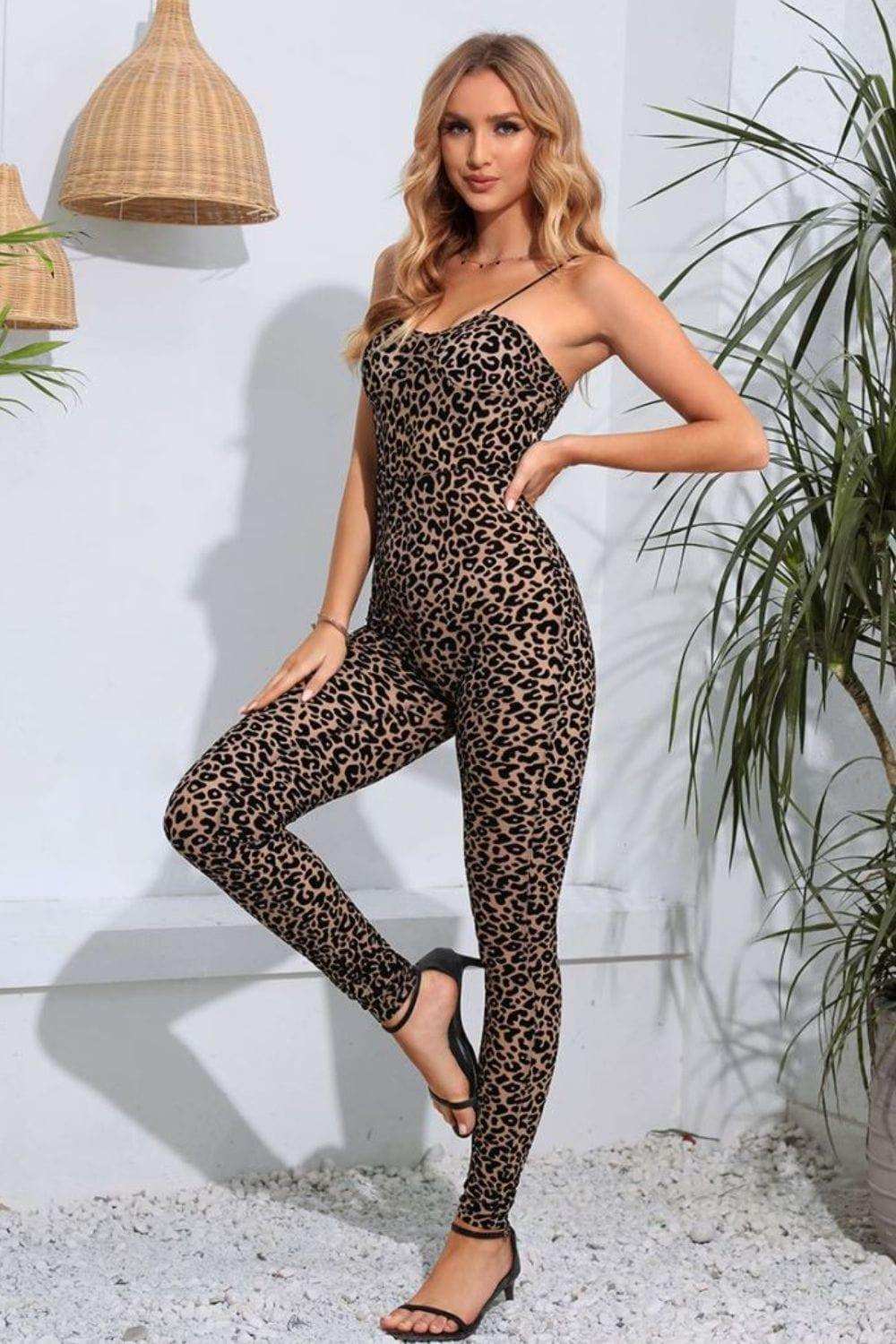 Leopard Spaghetti Strap Skinny Jumpsuit - Trendsi - Flyclothing LLC