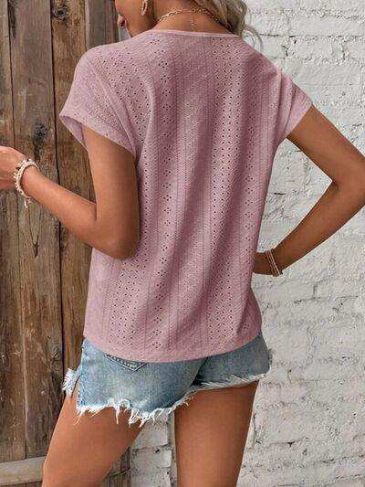 Eyelet V-Neck Short Sleeve T-Shirt - Trendsi - Flyclothing LLC