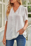 Swiss Dot Lace Trim Plunge Blouse - Trendsi - Flyclothing LLC