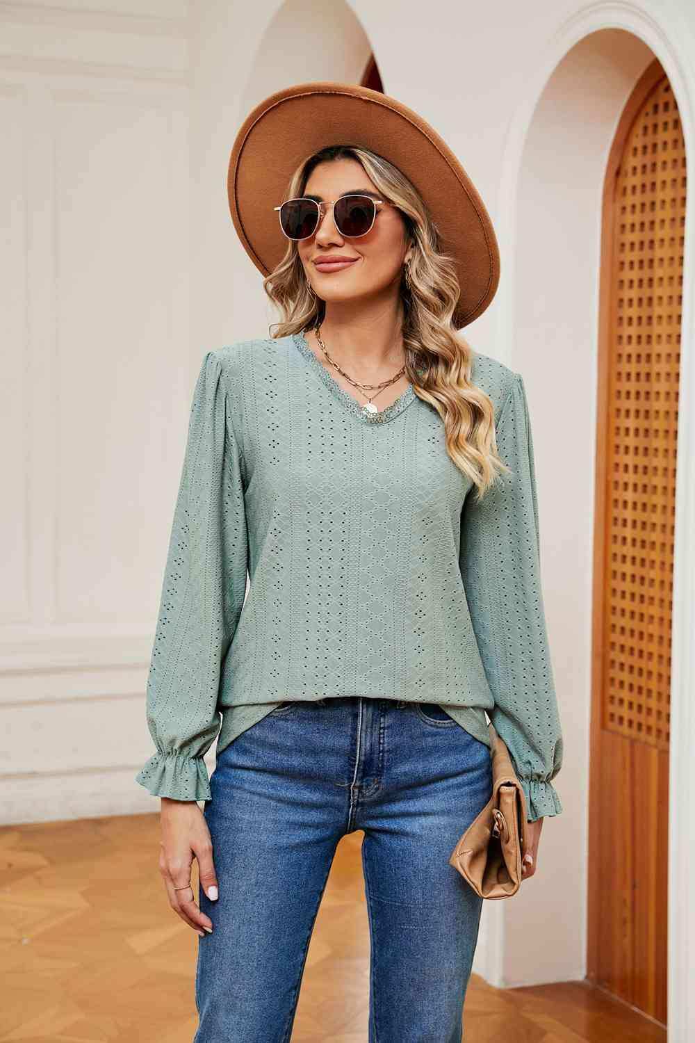 V-Neck Flounce Sleeve Blouse - Trendsi - Flyclothing LLC