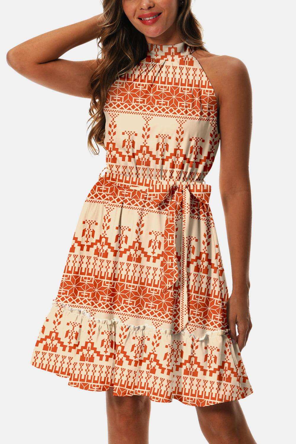 Printed Tie Waist Frill Trim Dress - Trendsi - Flyclothing LLC