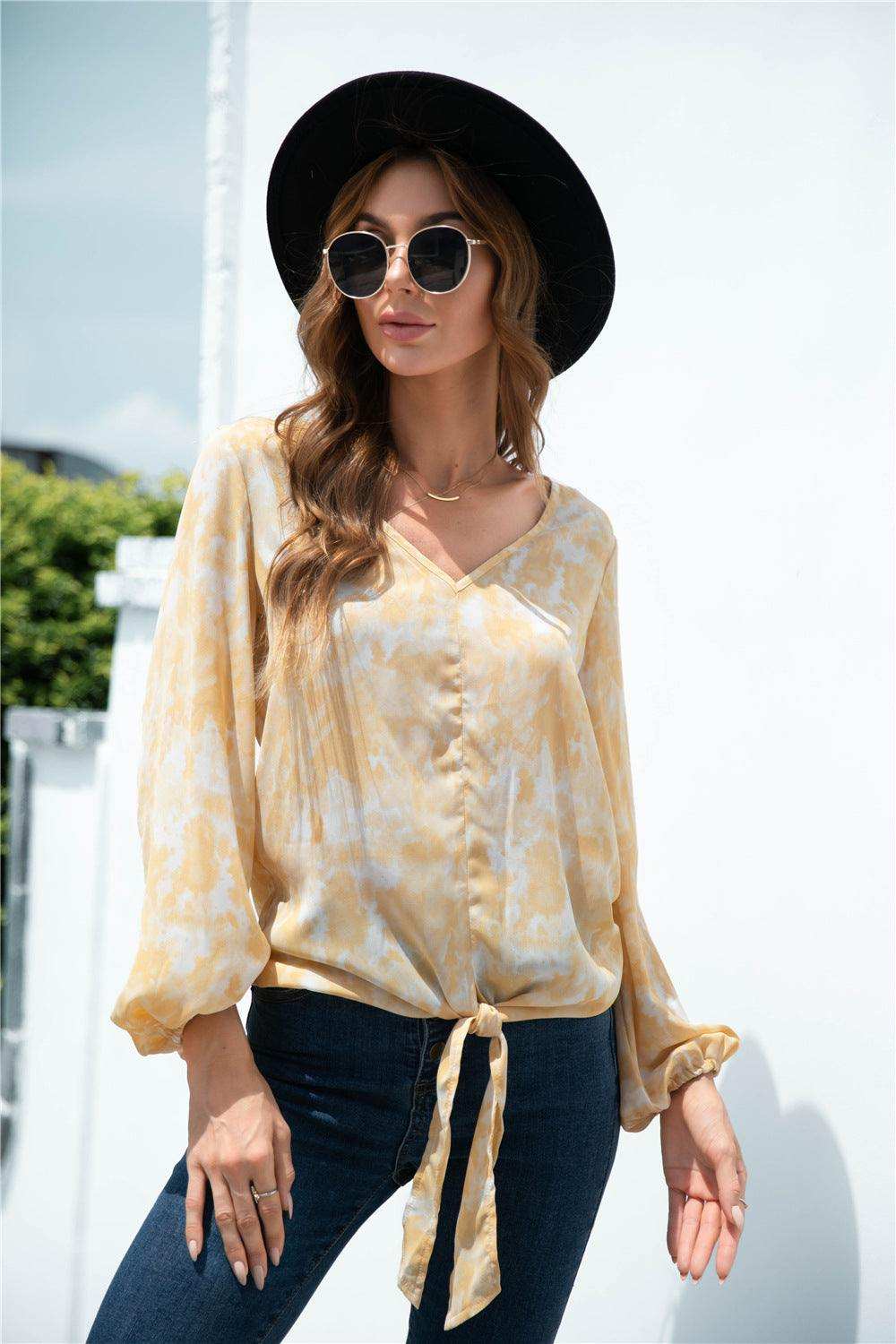 Tie-Dye Tied Balloon Sleeve Blouse - Trendsi - Flyclothing LLC