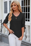 Eyelet Drawstring V-Neck Half Sleeve T-Shirt - Trendsi - Flyclothing LLC