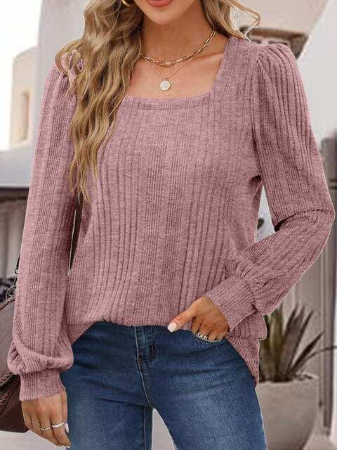 Square Neck Long Sleeve Top - Trendsi - Flyclothing LLC