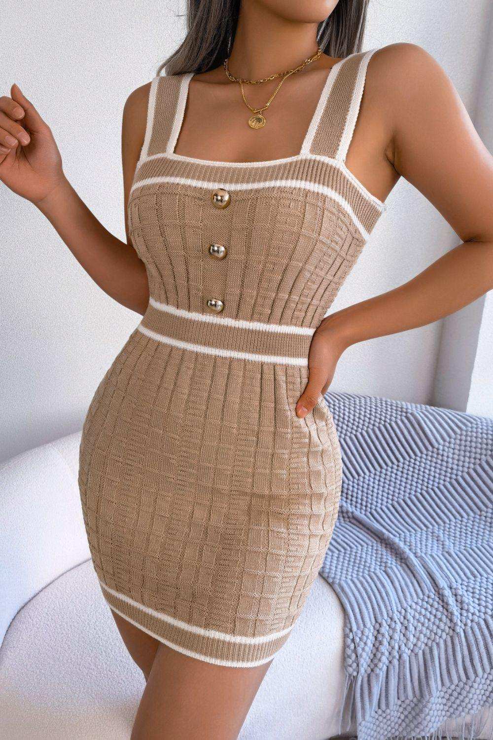 Contrast Trim Decorative Button Sleeveless Knit Dress - Trendsi - Flyclothing LLC