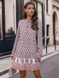 Printed Tie Neck Long Sleeve Dress - Trendsi - Flyclothing LLC