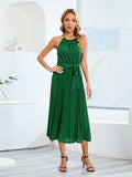Pleated Spaghetti Strap Tie Waist Midi Dress - Trendsi - Flyclothing LLC