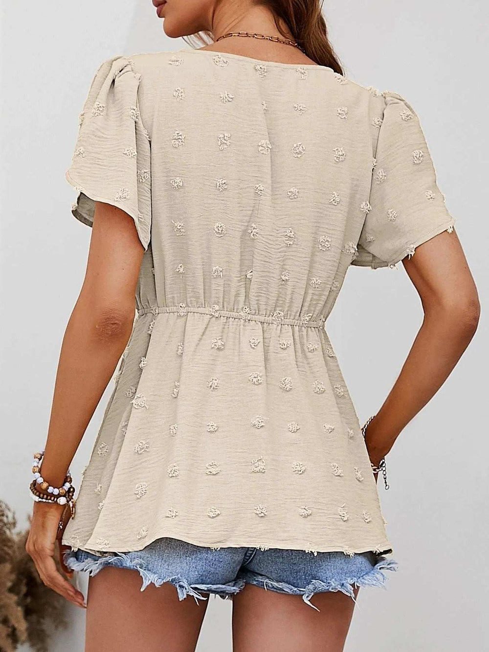 Swiss Dot Buttoned Petal Sleeve Peplum Blouse - Trendsi - Flyclothing LLC