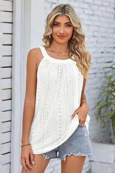 Openwork Round Neck Wide Strap Tank - Trendsi - Flyclothing LLC