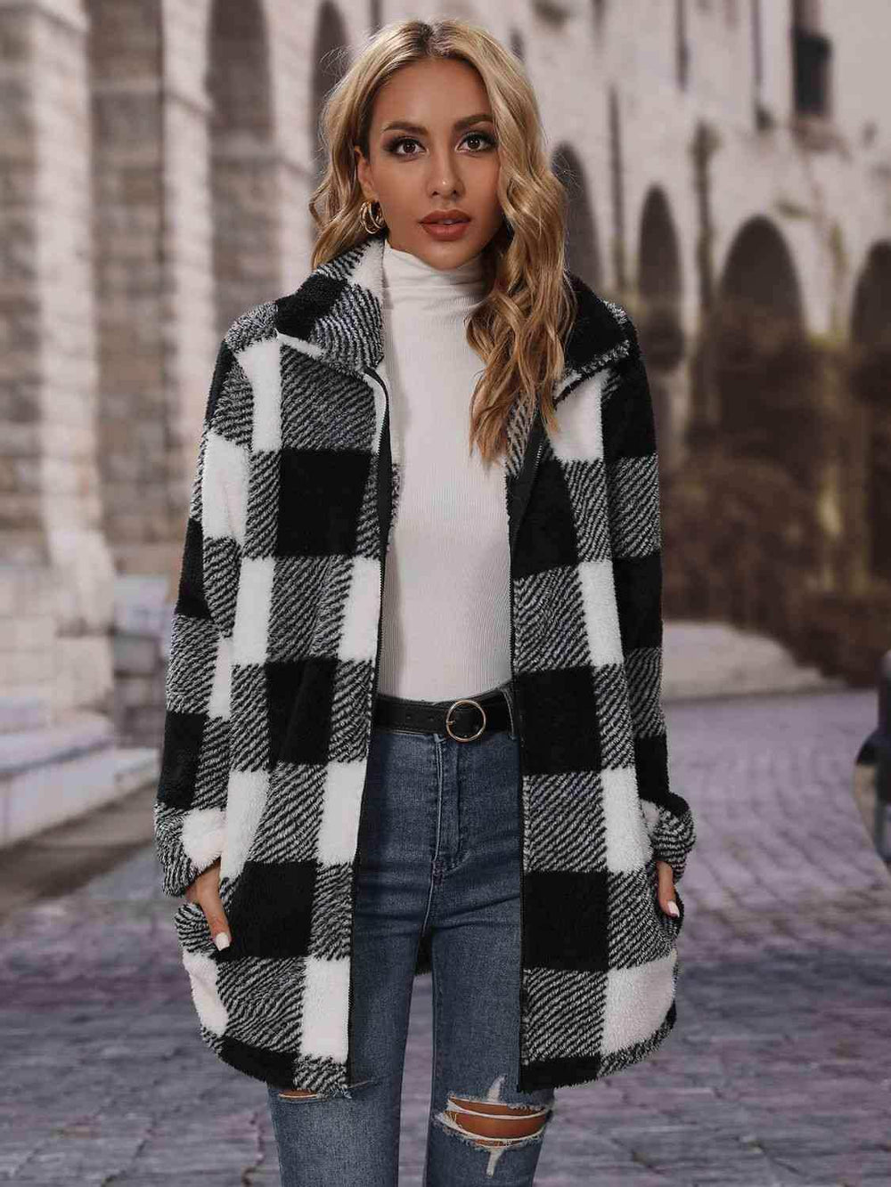 Plaid Collared Neck Coat with Pockets - Trendsi - Flyclothing LLC