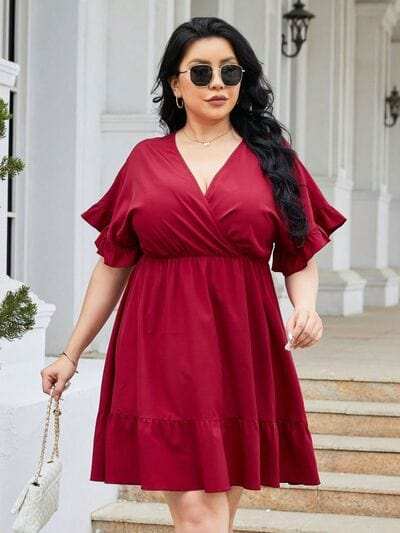 Plus Size Ruched Surplice Flounce Sleeve Mini Dress - Trendsi - Flyclothing LLC