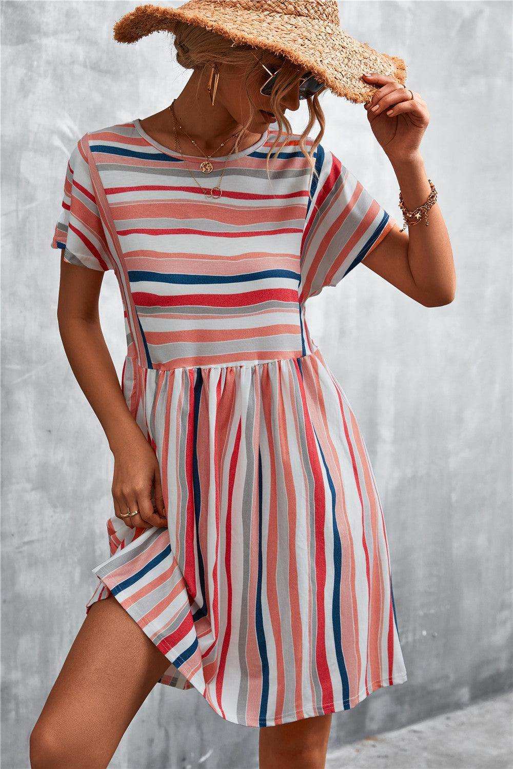 Striped Round Neck Dress - Trendsi - Flyclothing LLC
