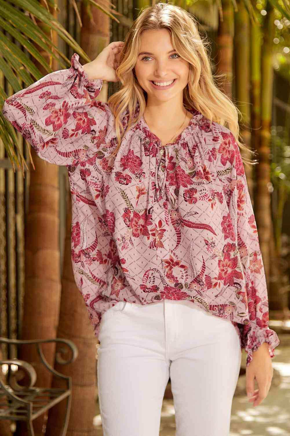 Floral Tie Neck Flounce Sleeve Blouse - Trendsi - Flyclothing LLC