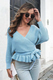 Tie Waist Ruffle Hem Sweater - Trendsi - Flyclothing LLC