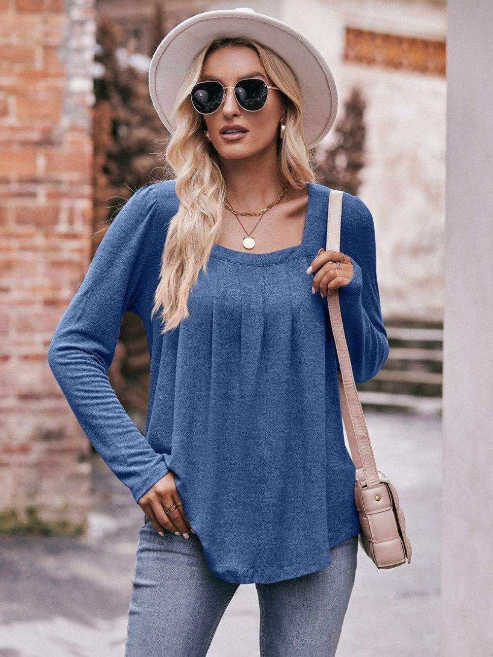 Pleated Detail Curved Hem Long Sleeve Top - Trendsi - Flyclothing LLC