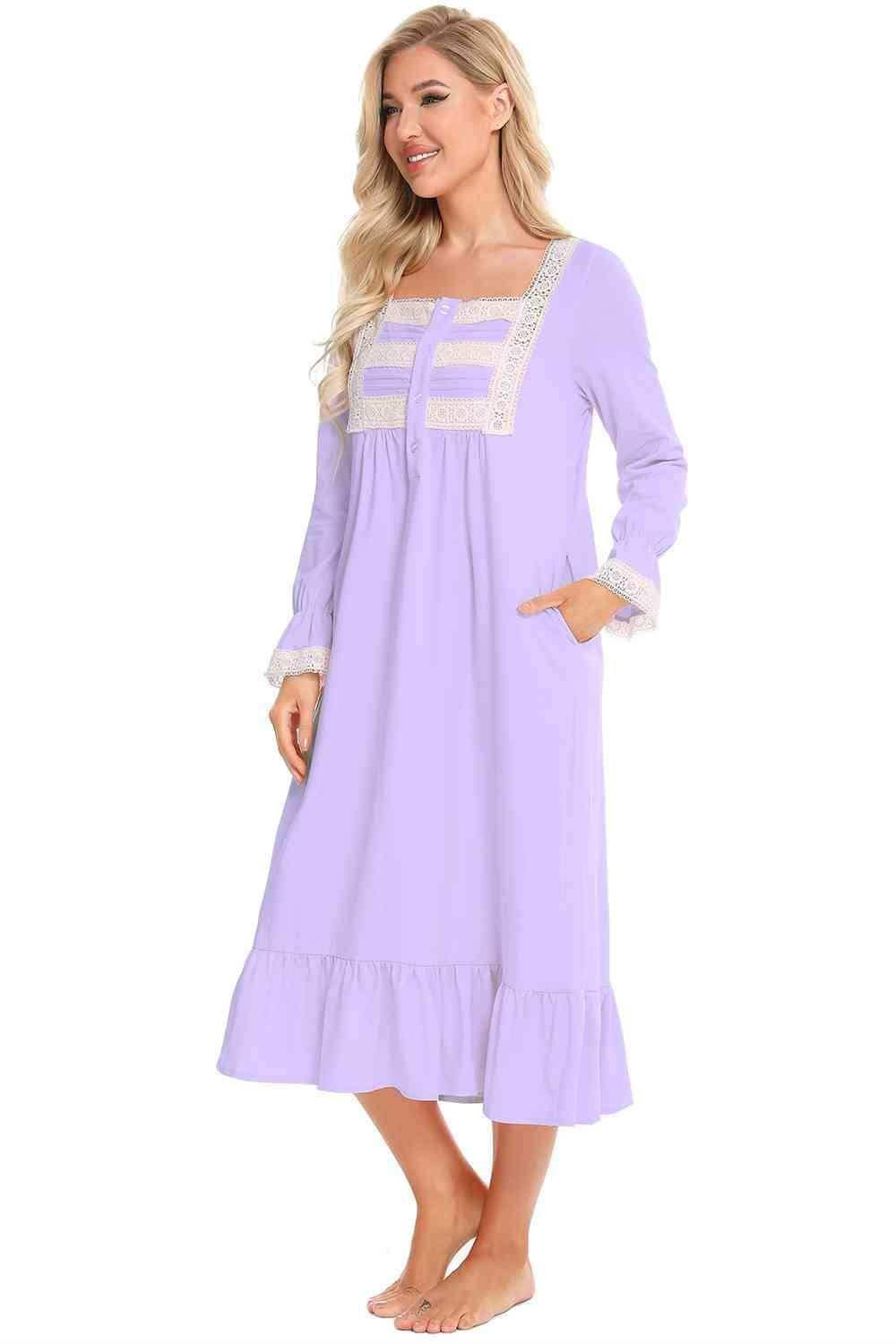 Lace Detail Square Neck Flounce Sleeve Night Dress - Trendsi - Flyclothing LLC