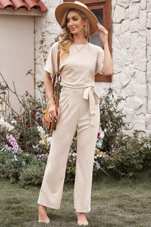 Full Size Tie Waist Straight Leg Jumpsuit - Trendsi - Flyclothing LLC