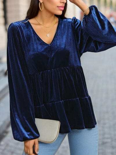 V-Neck Balloon Sleeve Peplum Blouse - Trendsi - Flyclothing LLC
