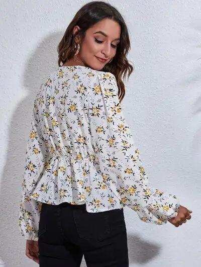 Floral V-Neck Balloon Sleeve Peplum Blouse - Trendsi - Flyclothing LLC