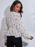 Floral V-Neck Balloon Sleeve Peplum Blouse - Trendsi - Flyclothing LLC