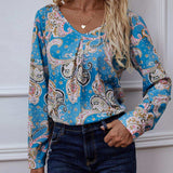 Printed V-Neck Long Sleeve Blouse - Trendsi - Flyclothing LLC