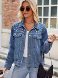 Pearl Detail Collared Neck Long Sleeve Denim Jacket - Trendsi - Flyclothing LLC