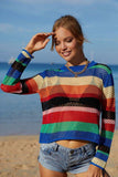 Rainbow Stripe Openwork Long Sleeve Cover-Up - Trendsi - Flyclothing LLC